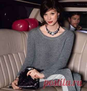 Классический крой, фантазийный узор спереди, ввязанная цепочка и пушистая смешанная пряжа с люрексом — вот секрет стильного вида этого джемпера. РАЗМЕРЫ 36/38 (40/42 – 44/46) 48/50 ВАМ ПОТРЕБУЕТСЯ Пряжа (70% шерсти альпака, 30% шелка; 250 м/ 25 г) — 200 (250 – 300) 350 г серой; пряжа (72% мохера, 21% нейлона, 7% люрек