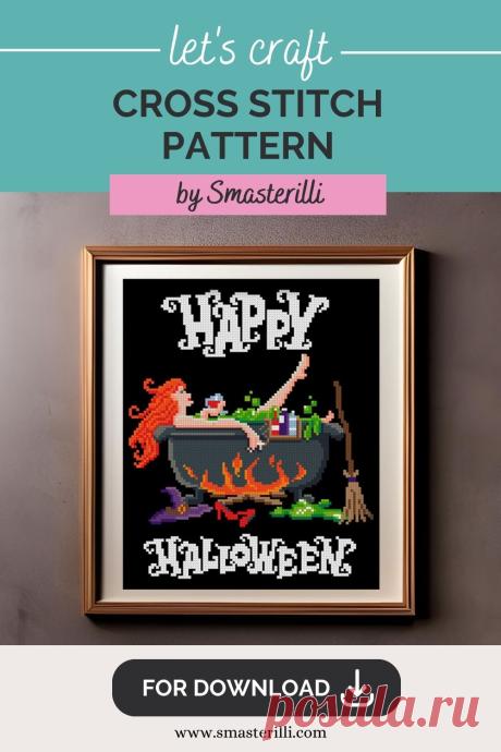 Witch in bath - Halloween cross stitch pattern by Smasterilli. Digital cross stitch pattern for instant download. Halloween handmade crafts