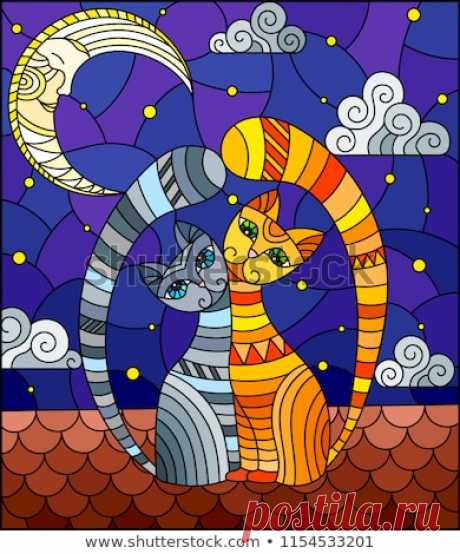Стоковая векторная графика «Couple Cats Stained Glass Abstract Style» (без лицензионных платежей), 1154533201: Shutterstock