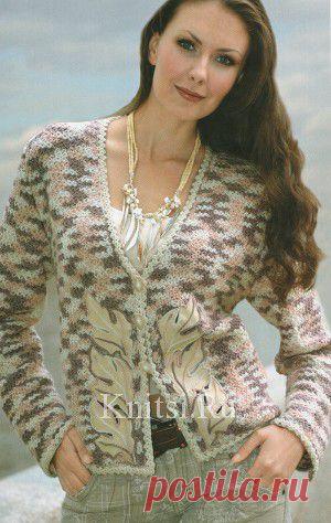 Меланжевый жакет с кожаными листьями. Вязание для женщин / Жакеты / Крючком
