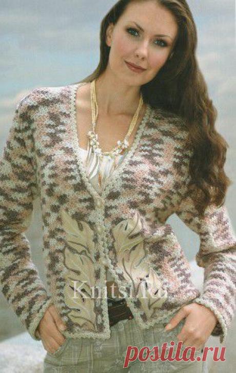 Меланжевый жакет с кожаными листьями. Вязание для женщин / Жакеты / Крючком