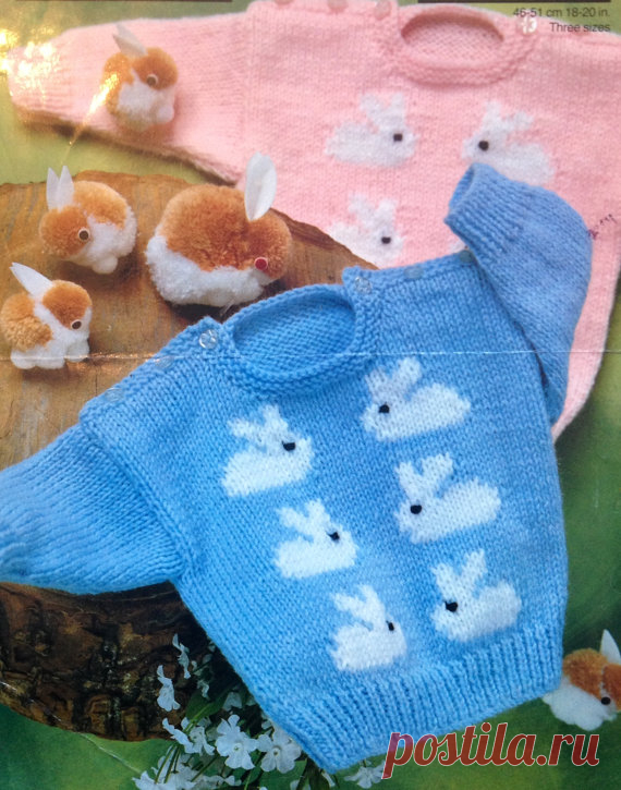 baby knitting pattern cute bunny rabbit jumpers in size 18-20 inch dk yarn This item is a PDF file of the knitting pattern for this really super cute little sweater.    The pattern calls for double knitting wool and 3.25 and 4mm needles. So sweet!    The pattern will be available for download upon receipt of payment, for you to print out or read from your computer.    All patterns are sent with a UK/USA needle conversion chart.