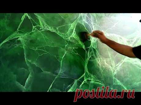 Dengan Kuas Spon Busa Membuat Retak Motif Marmer Warna Hijau !! Green Marble Painting Effect