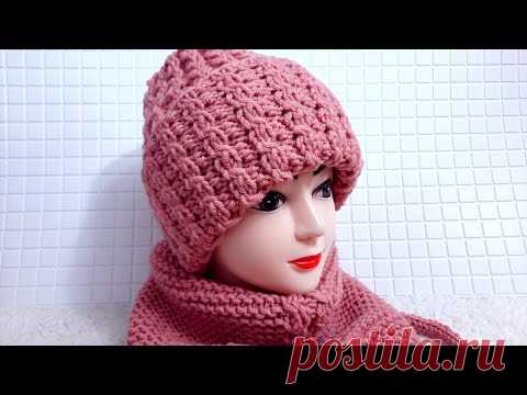 Теплая шапка спицами с высоким отворотом и двусторонним узором. Эта шапка вам 100% понравится! МК