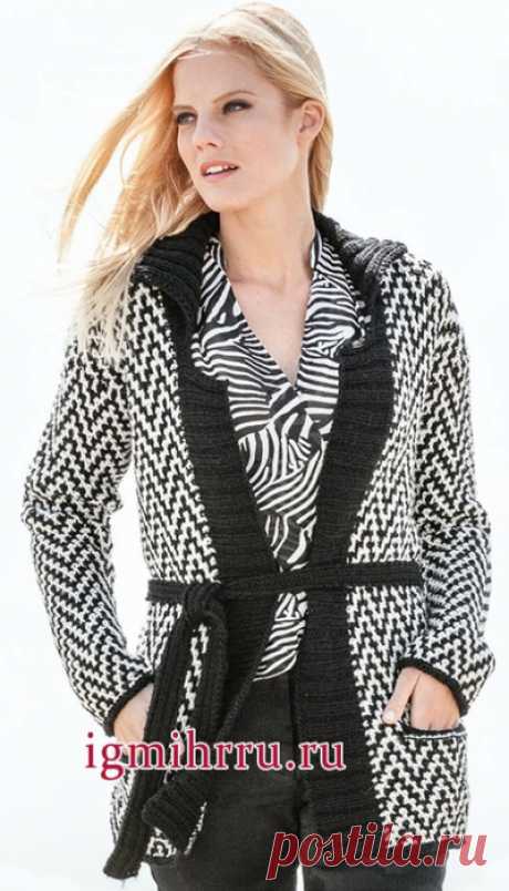Вязание спицами - Жакеты и кардиганы спицами - ТЕПЛЫЙ КАРДИГАН С УЗОРОМ ИЗ ЧЕРНО-БЕЛЫХ ЗИГЗАГОВ.