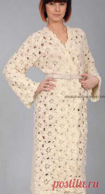 Пальто из цветочных мотивов. Длинное женское пальто вязаное крючком