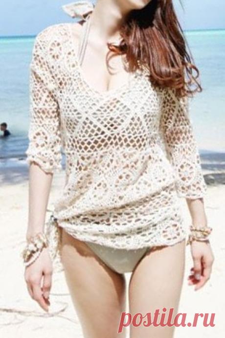 Stylish Scoop Neck 3/4 Sleeve Openwork Cover-Up For Women Cover-Ups &amp; Kaftans | RoseGal.com