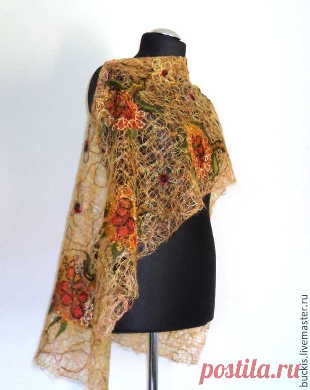 Купить Ажурный шарф- палантин из мохера - Солнце моё - оранжевый, цветочный, ажурный палантин