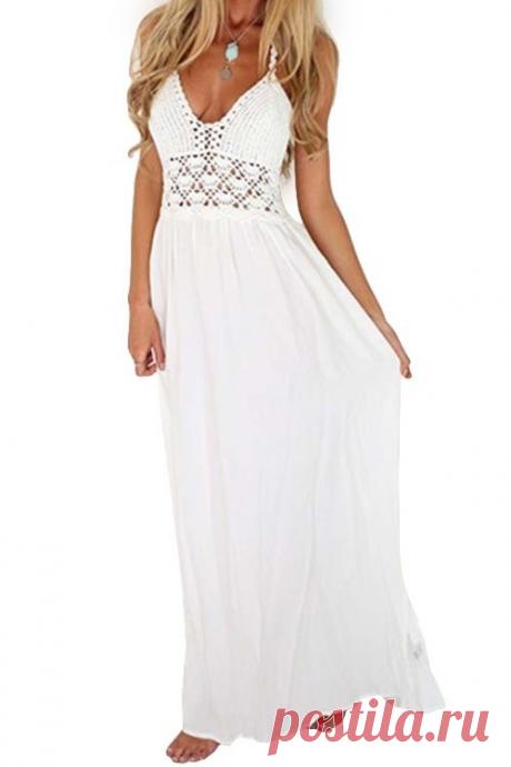 Ажурные Backless Solid Color Maxi платье белого: Макси платья | ZAFUL