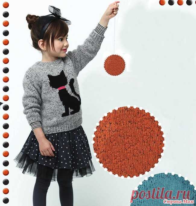 Джемпер с кошечкой Замечательный детский джемпер с милой вывязанной кошечкой подойдет и мальчикам, и девочкам. Размеры: 2/4/6/8-10/12 лет.