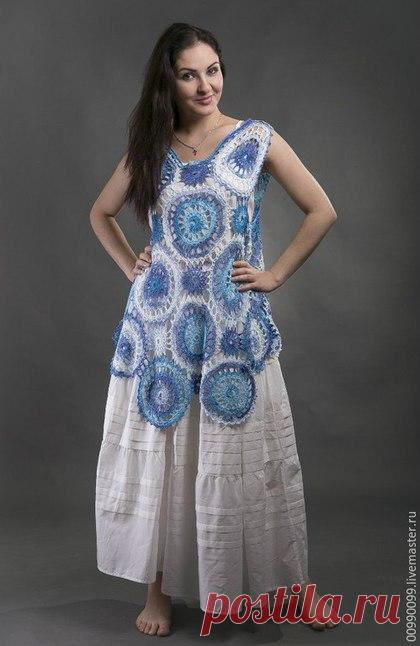 Купить Бохо-туника "Гжель" - разноцветный, абстрактный, бохо, туника крючком, туника летняя