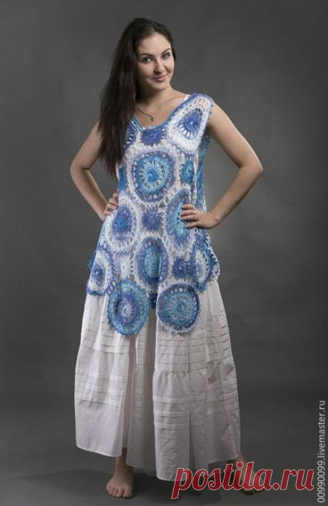 Купить Бохо-туника &quot;Гжель&quot; - разноцветный, абстрактный, бохо, туника крючком, туника летняя
