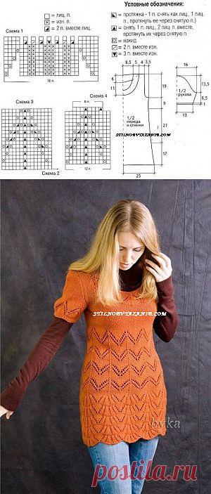 Ажурное платье - туника связанное спицами / Стильное вязание