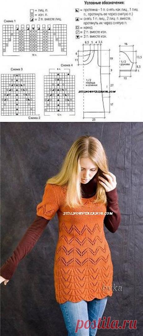 Ажурное платье - туника связанное спицами / Стильное вязание