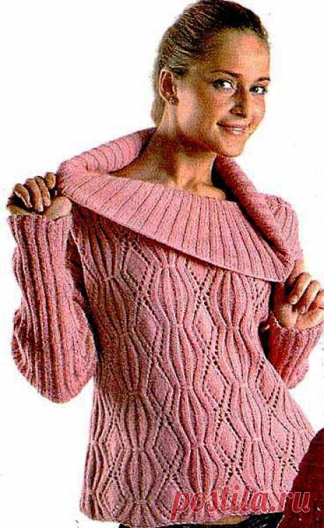 Розовый пуловер с широким воротником связанный спицами - 25 Июня 2010 - Вязание спицами, модели и схемы для вязания на спицах