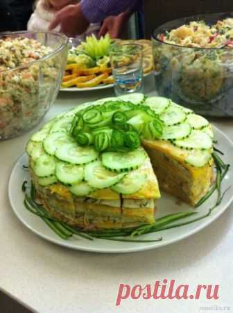Закусочный торт с курицей и грибами