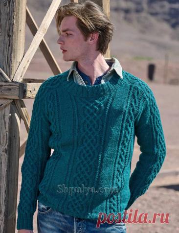 Красивый вязаный пуловер с погонами и аранами для мужчины — Shpulya.com - схемы с описанием для вязания спицами и крючком