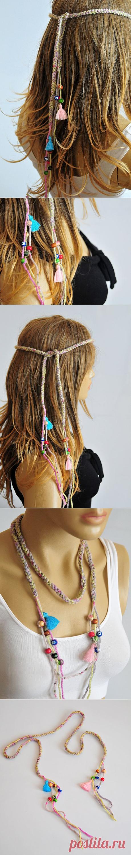 Boho Crochet Headband bohemian beaded Hippie tassel by selenayy