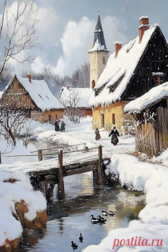 a painting of people walking in the snow by a small stream with ducks swimming nearby