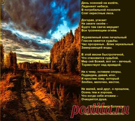 Не жалей, мой друг, о прошлом,
Осень тем и хороша,
Что когда себя итожим –
Очищается душа.
© В.Котиков