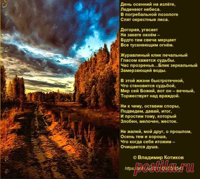 Не жалей, мой друг, о прошлом,
Осень тем и хороша,
Что когда себя итожим –
Очищается душа.
© В.Котиков