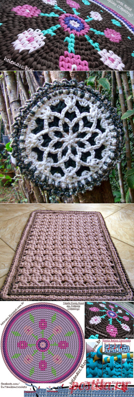 EU TAMBÉM CROCHETO...: Tapete Flores Rosa em Trapilho (Tapestry)