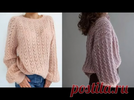 Модный джемпер ажурным узором из пряжи с мохером.
