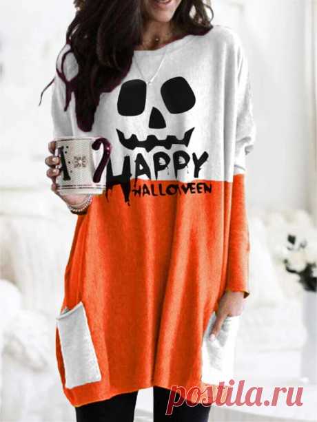 Women Halloween Patchwork Letter Printed Casual Mid-Length Sweatshirts With Pock - US$16.99