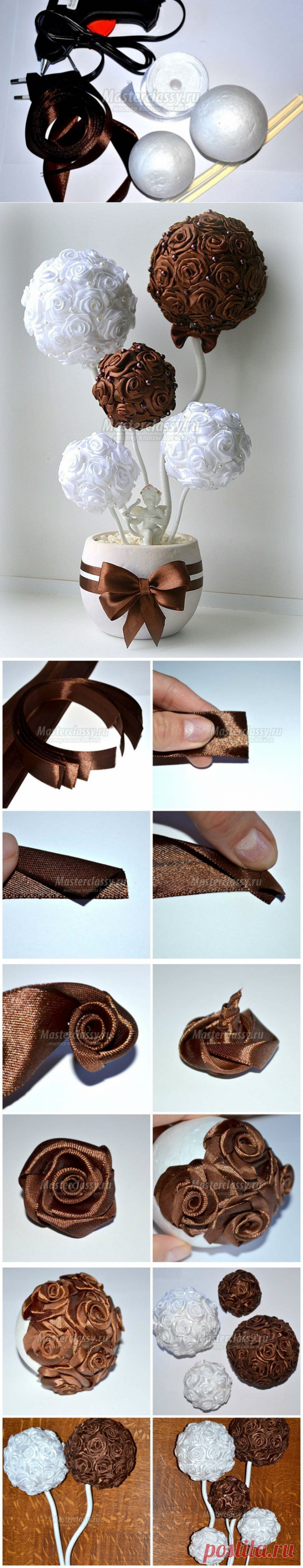 Розочки из лент и топиарий из них в кофейно-белых тонах — Сделай сам, идеи для творчества - DIY Ideas