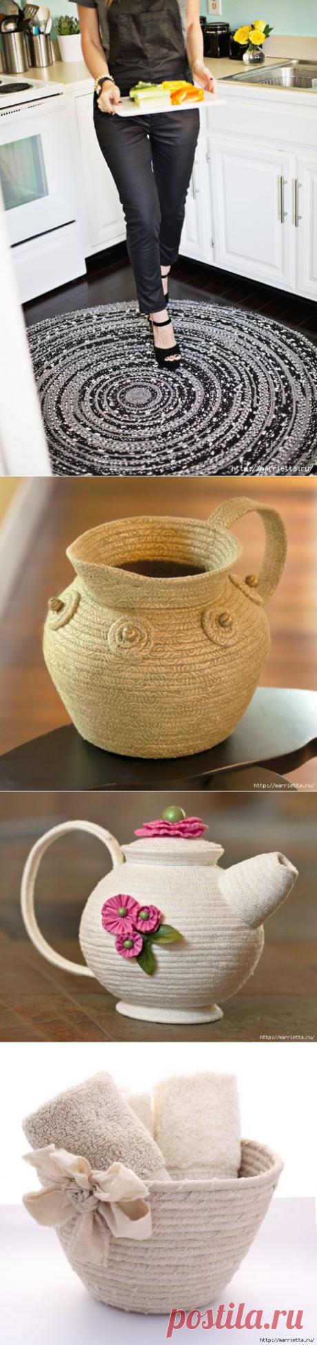 Корзинки, вазочки и коврик из лоскутков и бельевой веревки.