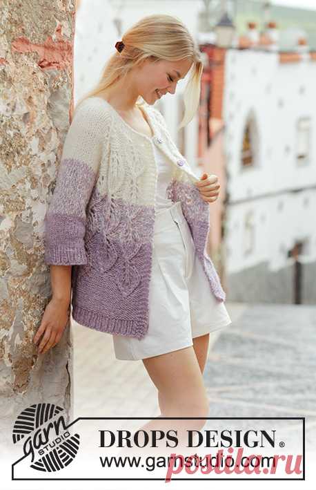 Wistful / DROPS 201-9 - Free knitting patterns by DROPS Design Jacket with leaf pattern and stripes, worked in 2 strands DROPS Air or 2 strands DROPS Brushed Alpaca Silk. The piece is worked top down with ¾-length sleeves. Sizes S - XXXL.