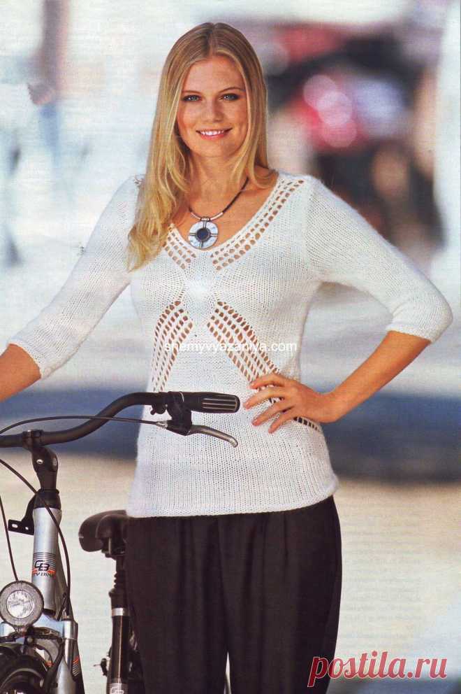 пуловер с ажурными дорожками