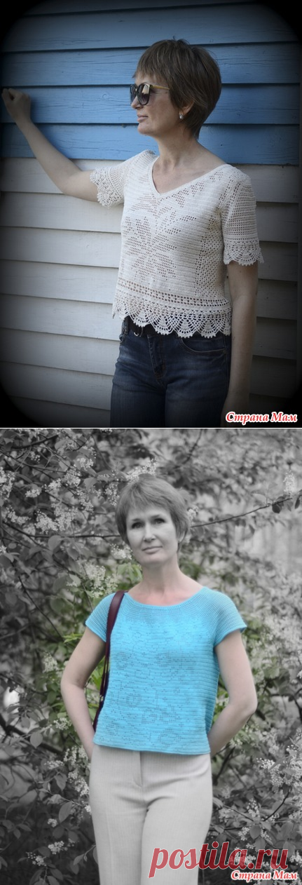 2 топа филейным вязанием (полочка со спинкой связаны «наоборот» - на полочке рисунок из пустых клеточек, а на спинке из заполненных). Крючком. Автор - sewer1991. Схема. / Страна Мам