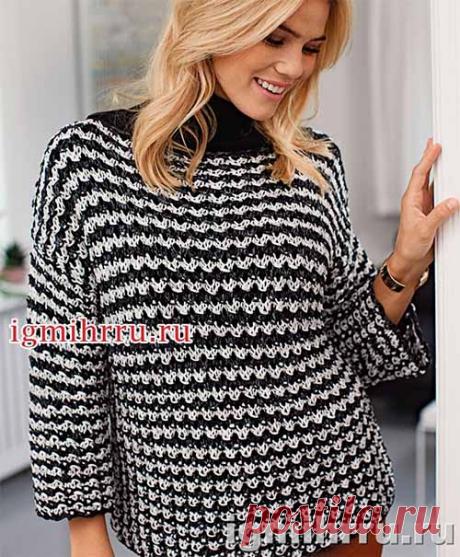 Черно-белый структурный пуловер 
Пуловер с рукавами 3/4, замечательной воздушной структурой и классическим контрастом черной и белой хлопковой пряжи – такая модель хороша и зимой, и летом.
Размеры: ХS/S (М/L) ХL/ХХL
Ширина изделия п…