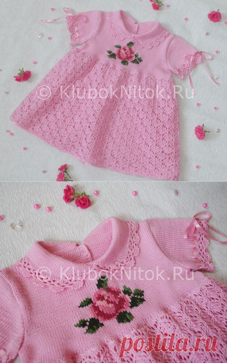 Платье с розочкой | Вязание для девочек | Вязание спицами и крючком. Схемы вязания.