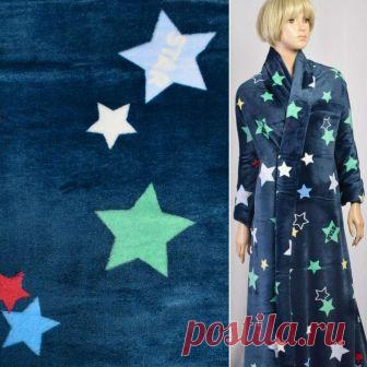 Купить Велсофт (махра) синий в разноцветные звезды, ш.180 ткань в Украине в розницу и оптом в интернет магазине