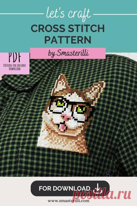 cat with glasses cross stitch pattern PDF for pocket and water soluble canvas by Smasterilli. Digital cross stitch pattern for instant download. easy cross stitch for beginners. Cat Lover's Gift idea for handmade craft