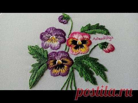 Handstickerei : Stiefmütterchen mit Versetzter Plattstich | Artesd’Olga