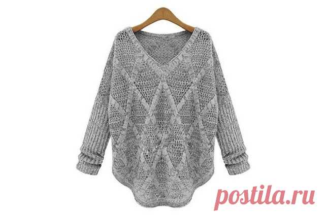 СВОБОДНЫЙ ПУЛОВЕР С АЖУРНЫМИ РОМБАМИ (УЗОР СПИЦАМИ)