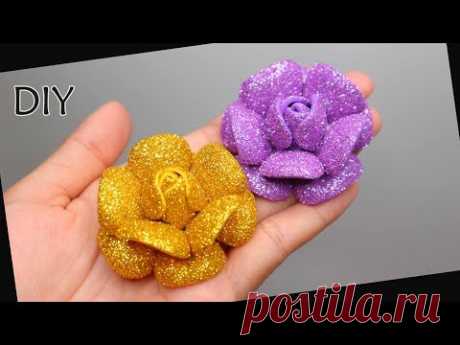 DIY - How to make glitter Foam Flower Eva foam | Foamiran | Cara membuat bunga spon glitter