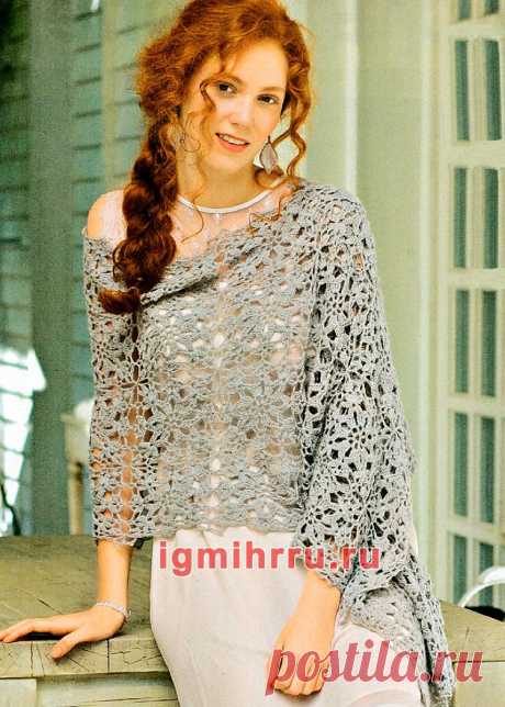 Изящный серый палантин из квадратных мотивов. Вязание крючком со схемами и описанием