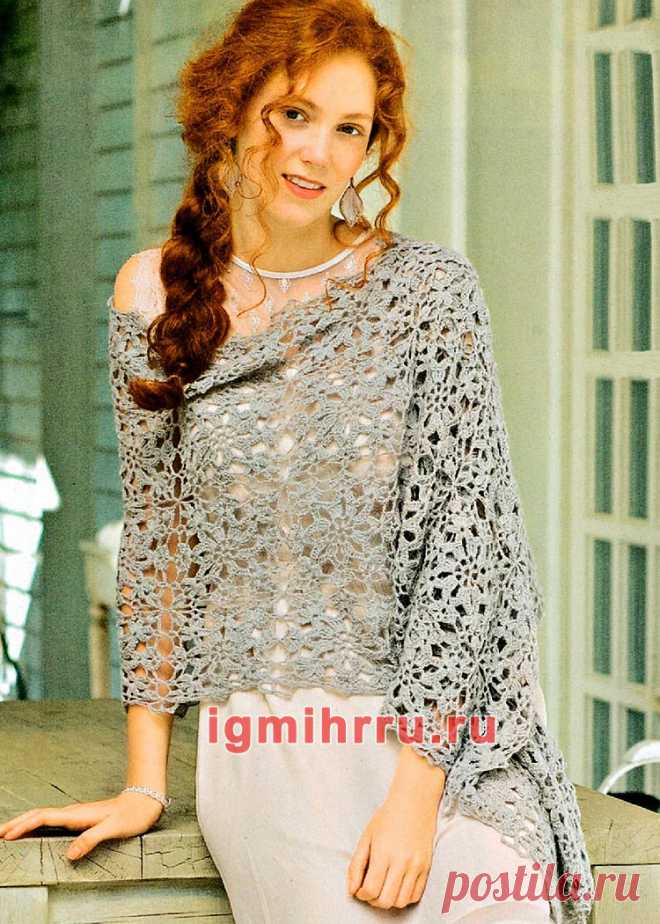 Изящный серый палантин из квадратных мотивов. Вязание крючком со схемами и описанием