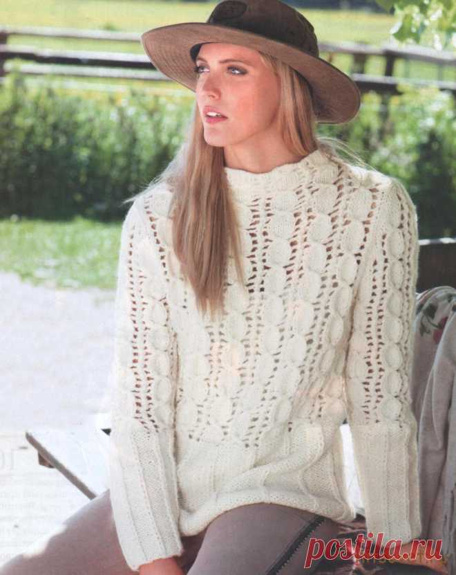Вязание пуловера для женщин схема и описание - Хитсовет Вязание пуловера для женщин схема и описание. Вам потребуется: 450 (550) г белой пряжи Topas (41% шерсти, 32% полиакрила, 18% полиамида, 9% альпака, 115 м на 50 г); спицы № 8, круговые спицы № 8.