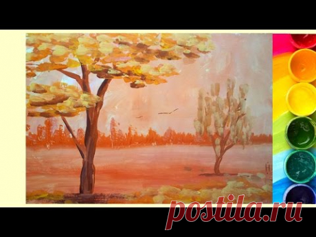 Как нарисовать Осенний пейзаж гуашью [Картина за 3 минуты!]