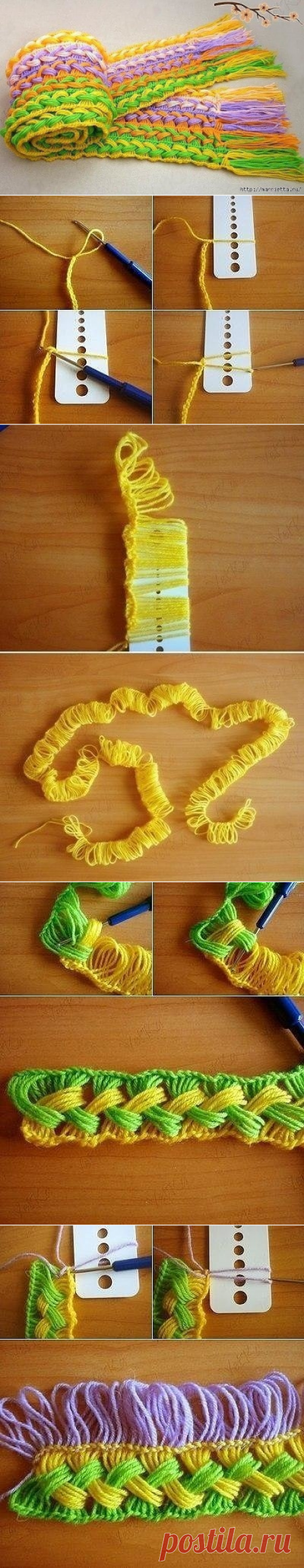 Веселый шарфик, вязание крючком на линейке