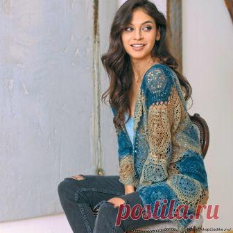 Интересный кардиган из мотивов РАЗМЕРЫ 36/40 (42/46)  ВАМ ПОТРЕБУЕТСЯ  - Пряжа (99% хлопка, 1% полиэстера; 280 м/50 г) — 450 (500) г иссиня-зеленой/бежевой с эффектом градиента; - крючок №3.   ШЕСТИУГОЛЬНИК  Выполнить цепочку из 10 в.п.