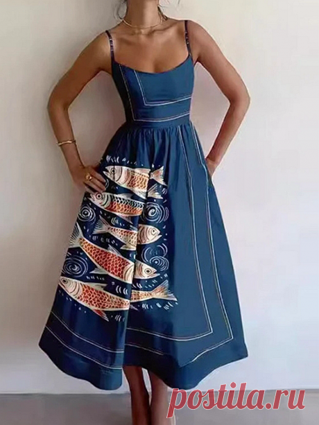 Deep Blue Bottom Big Fish Print Suspender Dress