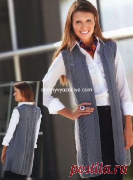 Длинный жилет с ажурными вертикальными полосами