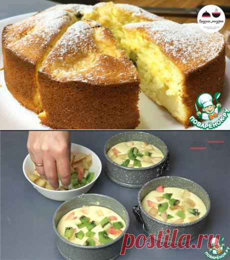 Нежный бисквитный пирог с персиками и киви