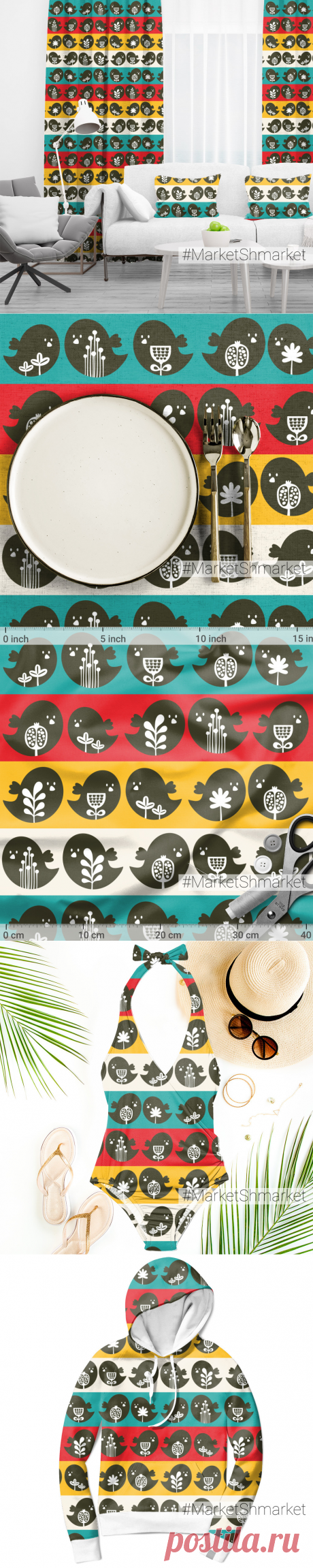 Ткань Птицы на полосках - закажи на #MarketShmarket.com любая ткань с любым принтом